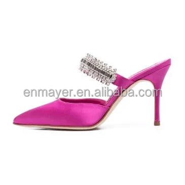 ENMAYER Female Popular Style Shoes Pointy Toe Rhinestone Buckle Slip On Women Heeled Mules