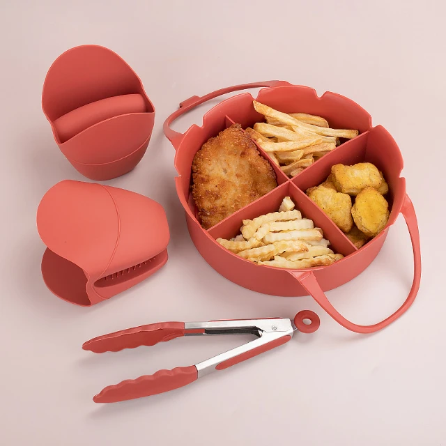 Kitchen Silicone Air Fryer Liners Pot 22x22x6.5CM with Divider Round Reusable Heat Resistant for Air Fryer Silicone Baking Tray