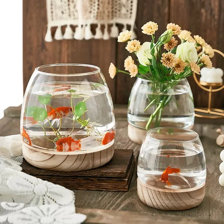 Luxury Custom Color Round Ball Shape Fish Bowl Flower Glass Vase with Wooden Stand For Home decorate