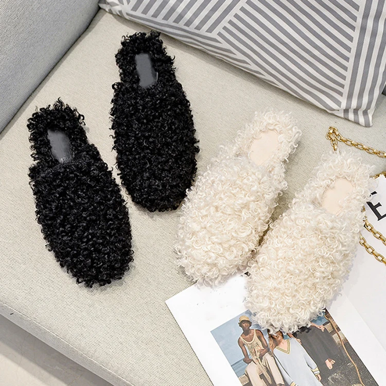 2023 Luxury Lambswool Mules Winter Cotton Shoes Women Warm Closed Plush Fluffy Curly Slippers