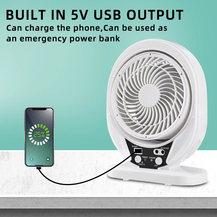 GDTIMES 7 inches Solar Table Fan Air Cooler With Solar Panel AC DC Rechargeable Breeze Quiet Fan with LED Light