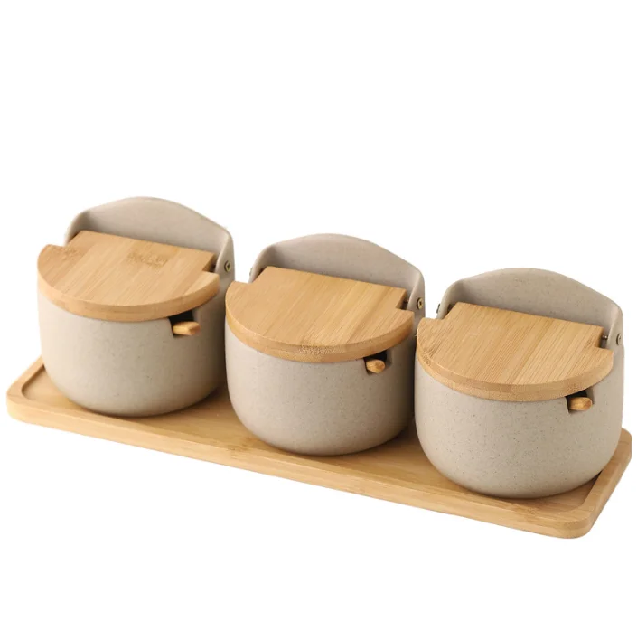 3pcs unique empty wholesale japanese style in china kitchen ceramic spice jar with bamboo lid wooden tray ceramic spice jar set