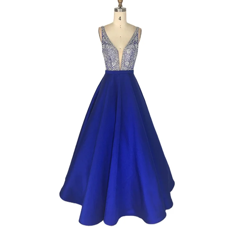Sexy V neck backless long royal blue prom dresses for formal evening party