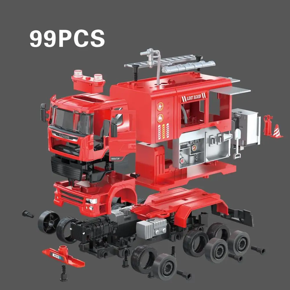 DIY toy wholesale 1/22  assembly rescue  fire  truck toy with flashing  lights and sound intelligent toy