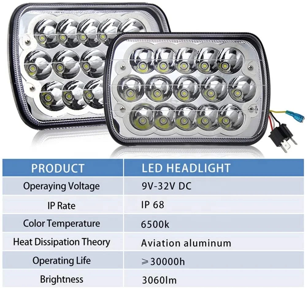 5X7 inch LED truck light, Amber Yellow Halo Angel Eyes Sealed Beam Hi/Lo H6054 H5054 H6014 7x6 5x7 inch Square LED Headlights