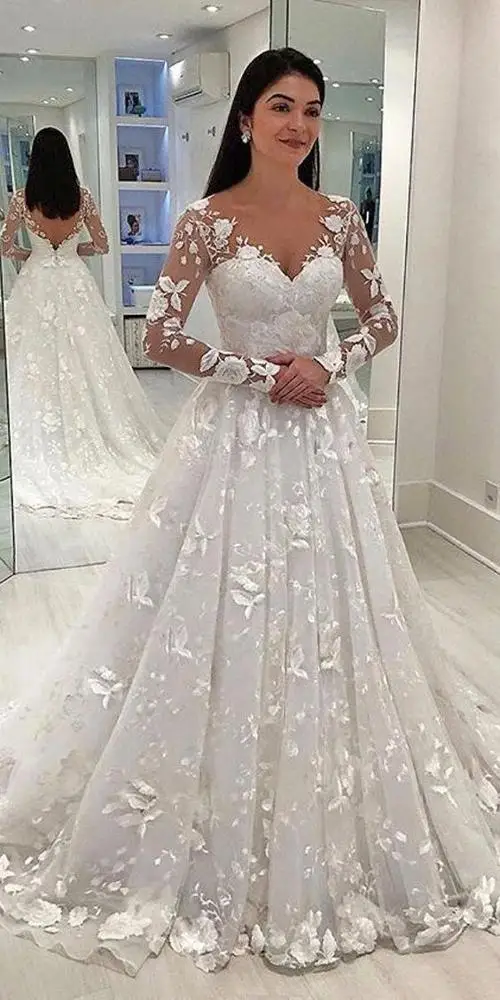 
Chic White Retro Lace Wedding Dresses V-neck Long Sleeve Backless Wedding Gown Draped Sweep Train Bridal Dress 