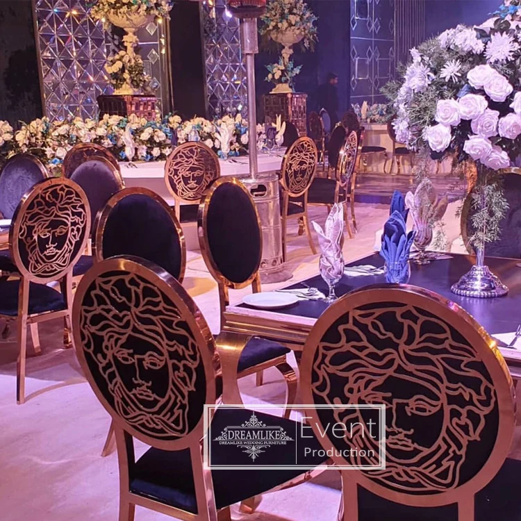 Classical and luxury gold stainless steel women face painting back wedding banquet chairs