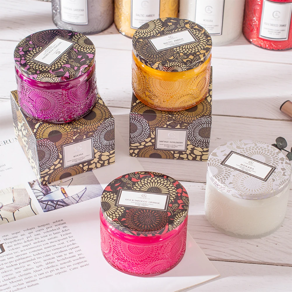 Ebossed со стеклянным кувшином пользовательские ароматерапия роскошного ароматическая свеча с крышкой