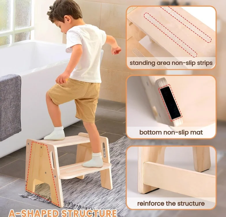plywood Wooden Height-Adjustable 2-Step Stool for Kids, Potty Training Stool with Handles for Bathroom Sink
