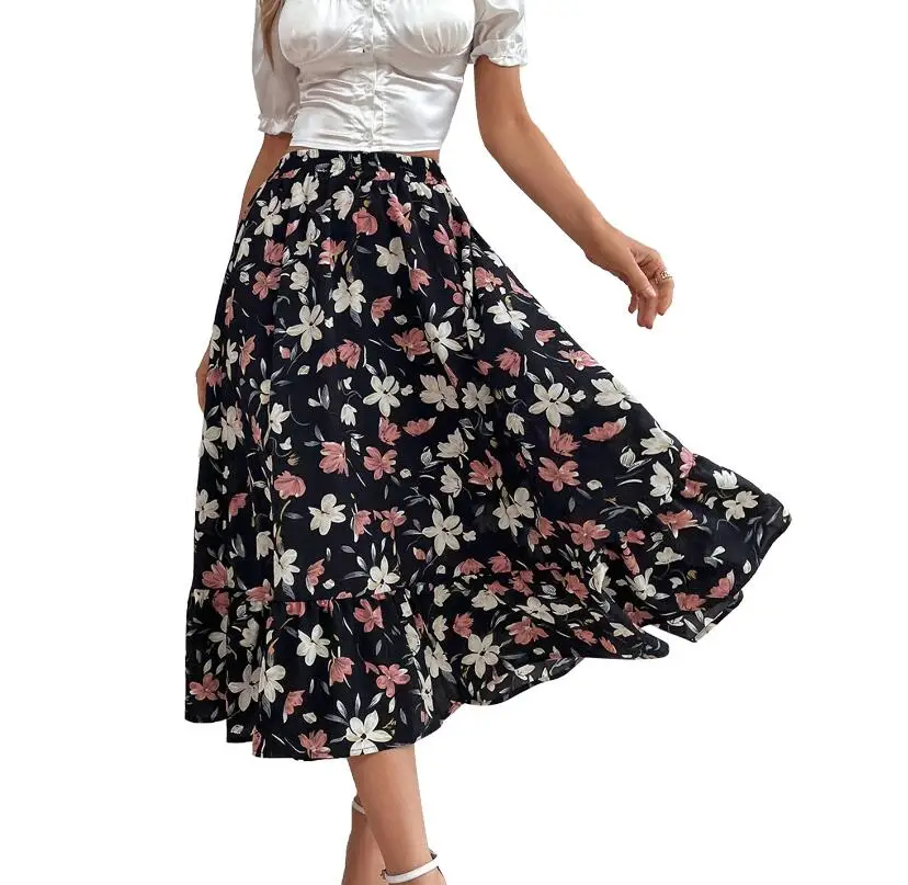 Wholesale leisure vacation style slimming floral print large size skirt for women and girls