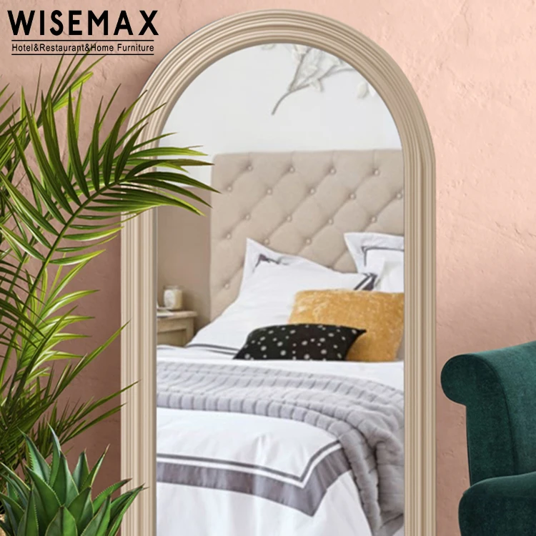 WISEMAX FURNITURE Modern home decor Cream wooden edge full length mirror Oval top right angle base floor mirror for living room