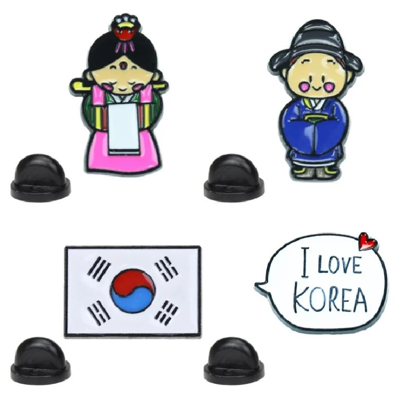 Cartoon Hanbok Characters South Korea Flag Brooch Custom Lovers Travel Souvenir Soft Enamel Lapel Pin