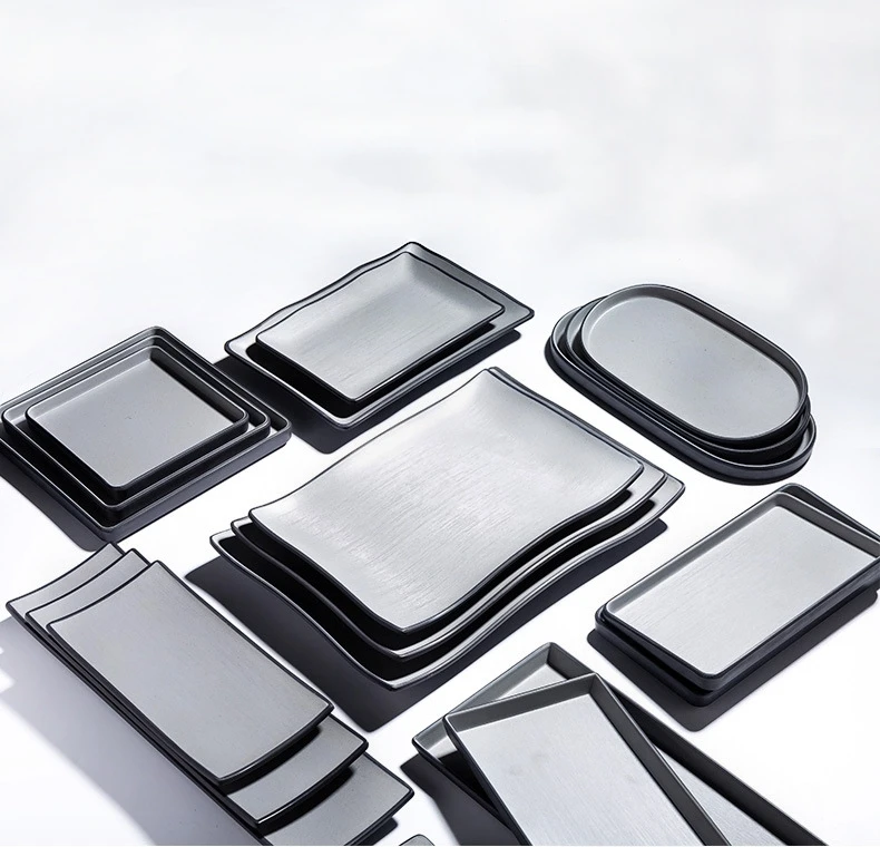 Custom Logo Rectangular Dinner Dishes Plates Barbecue Sushi Long Melamine Solid Black Grey Dinner Plates