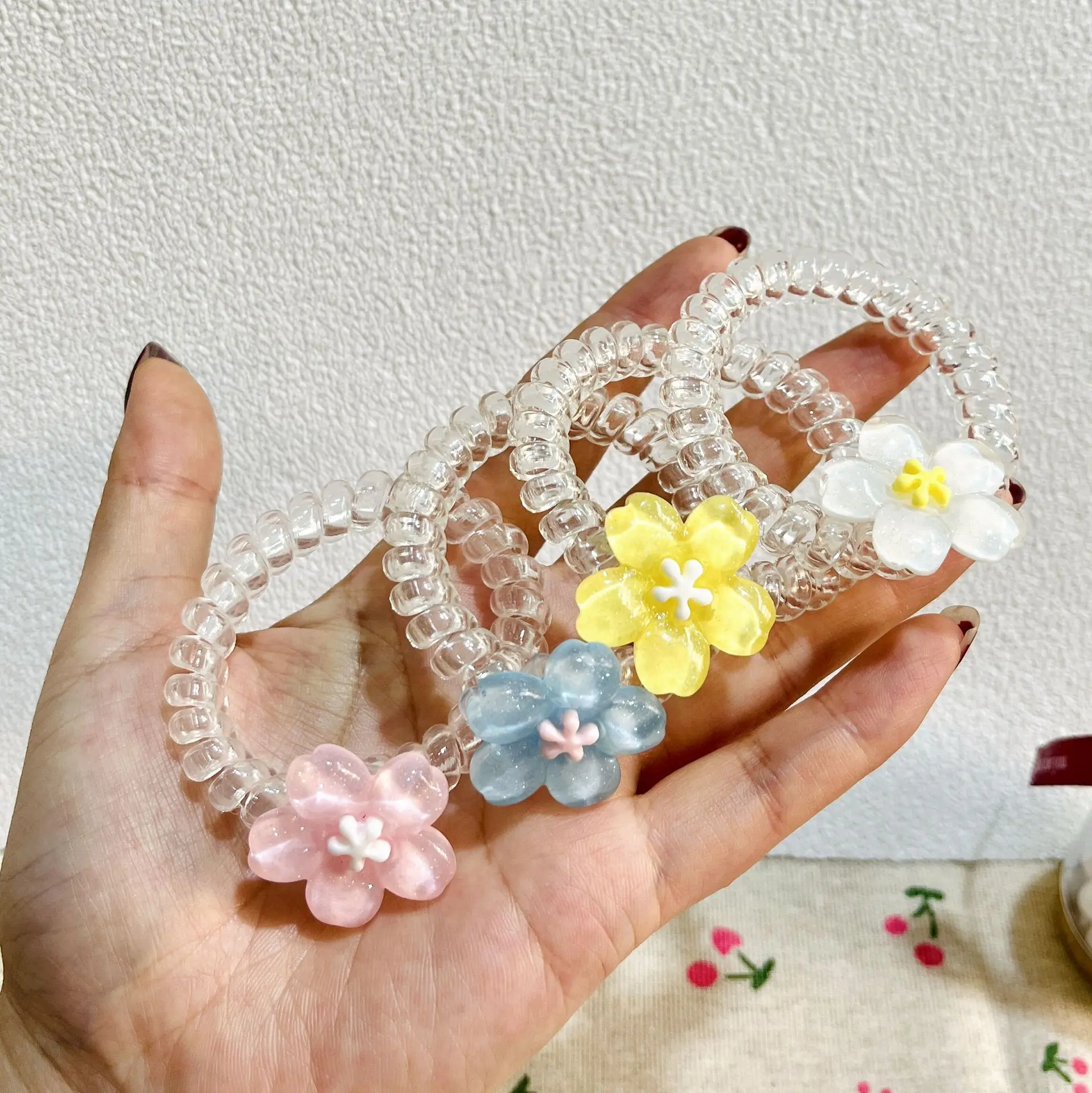 Cherry Blossom Phone Line Hair Tie Transparent New High Elastic Sweet Small Flower Fresh Headband Versatile Outer Wear Hair Rope