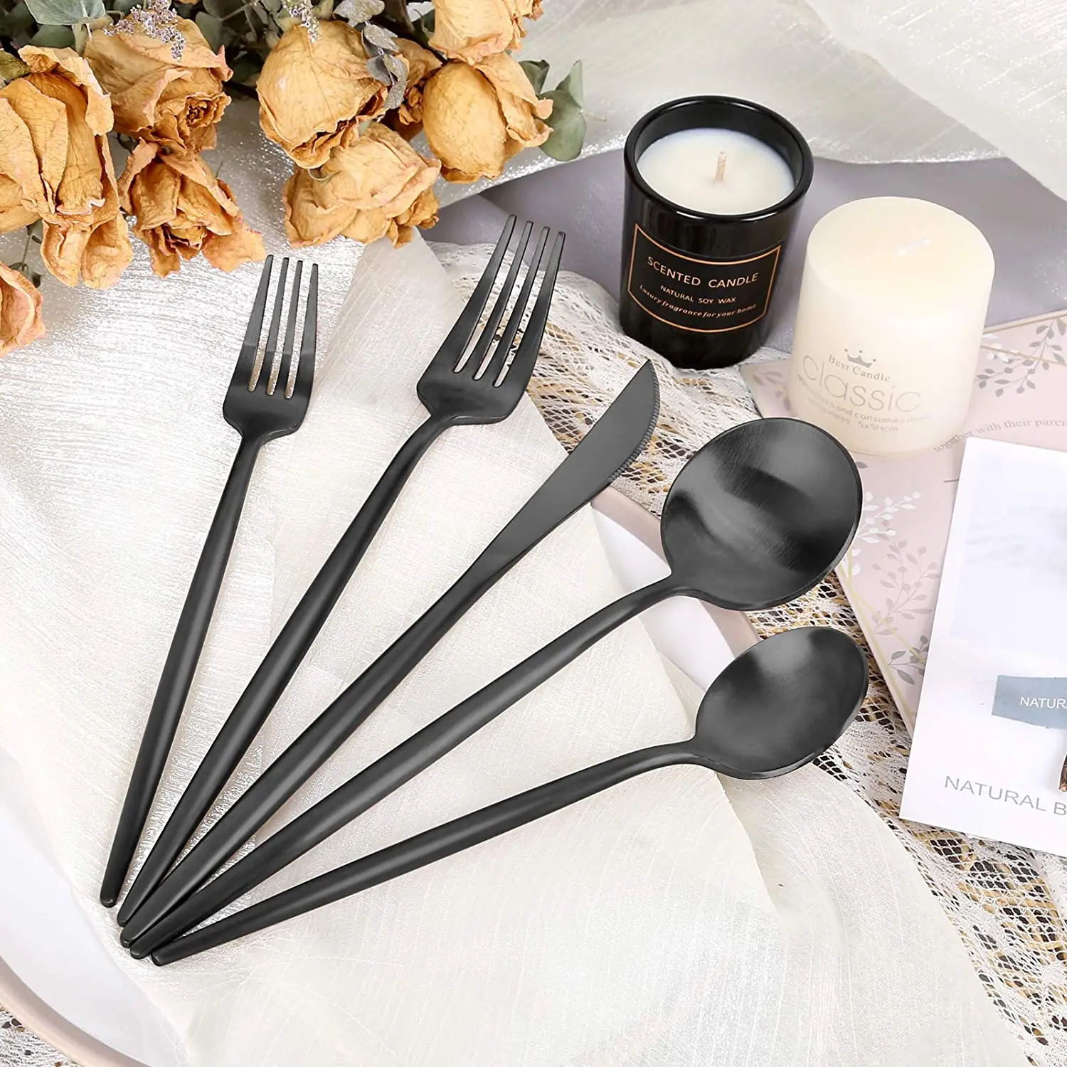 Wholesale Spoon Fork Knife Restaurant Silverware Wedding Bulk Hotel Cutlery Stainless Steel Matte Black Flatware Set