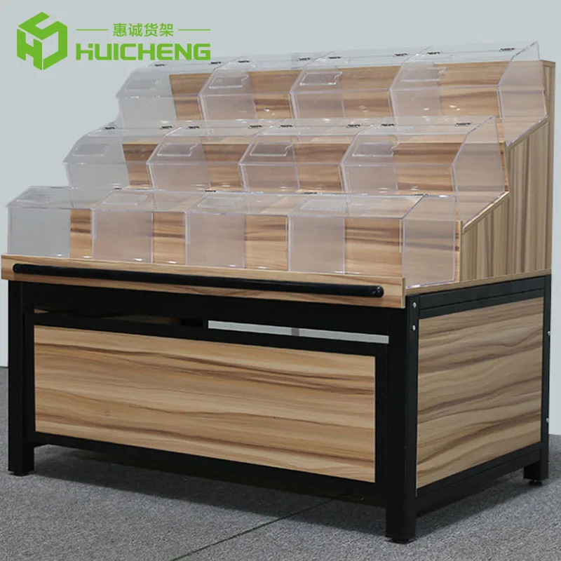 Customized supermarket dried fruit display stand gondola shelf snack island display candy display stand