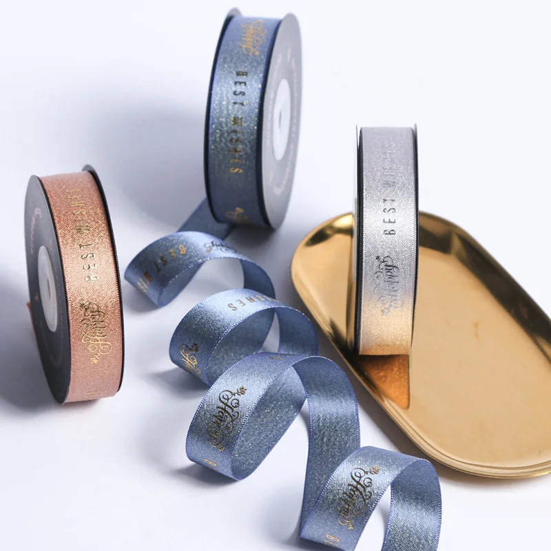 Hot Sale Christmas Gold Stamping Printed Gift Packaging 1.9cm Satin Polyester Ribbon