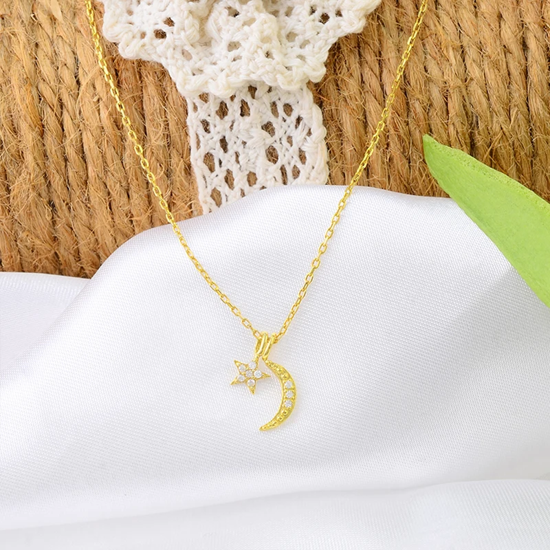 Wholesale Jewelry Making Accessory Crescent Moon And Star Shape Gold plated 925 Sterling Silver Cz Pendant Necklace