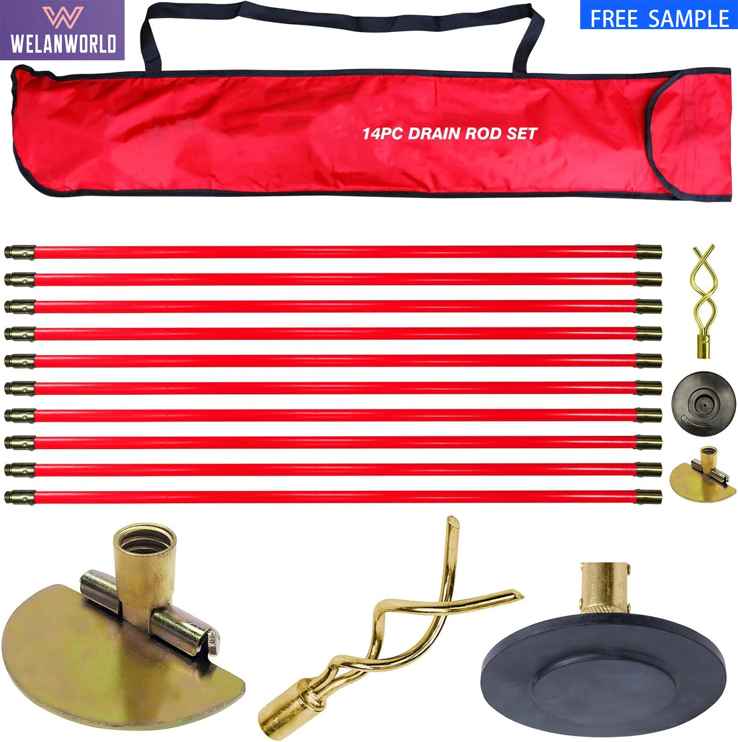 14 Piece Professional 30ft Drain Pole Set Kit Heavy Duty Unlocking Plunger Worm Scraper 9m Cleaning Pole with Carrying Case