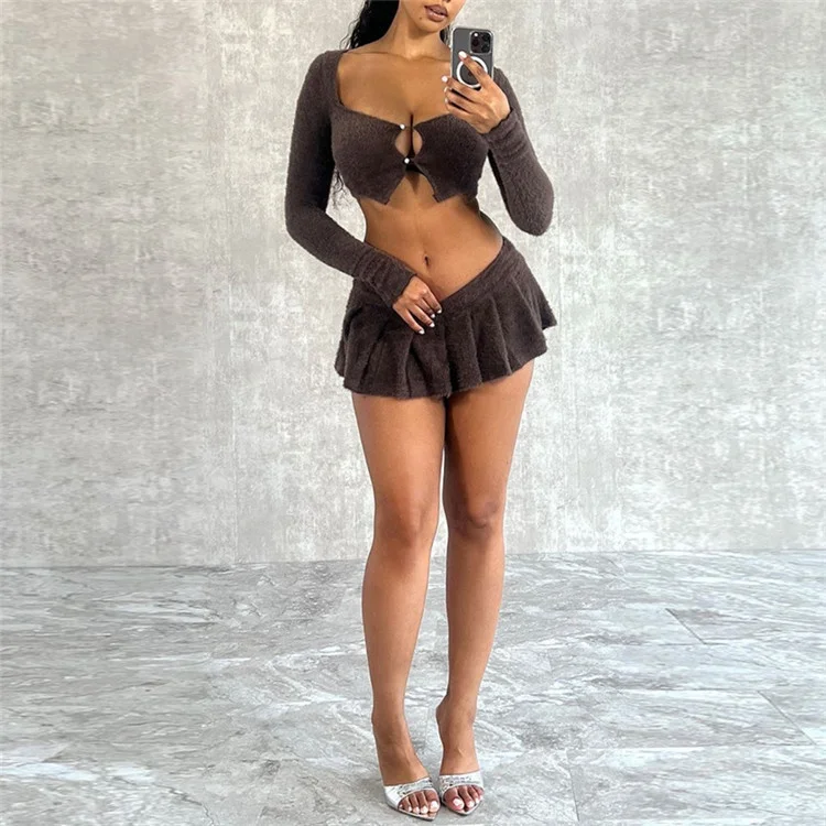Two Piece Sets Women Outfits 2023 Fluffy Long Sleeve Top and Mini Pleated Skirt Sexy New In Matching Sets
