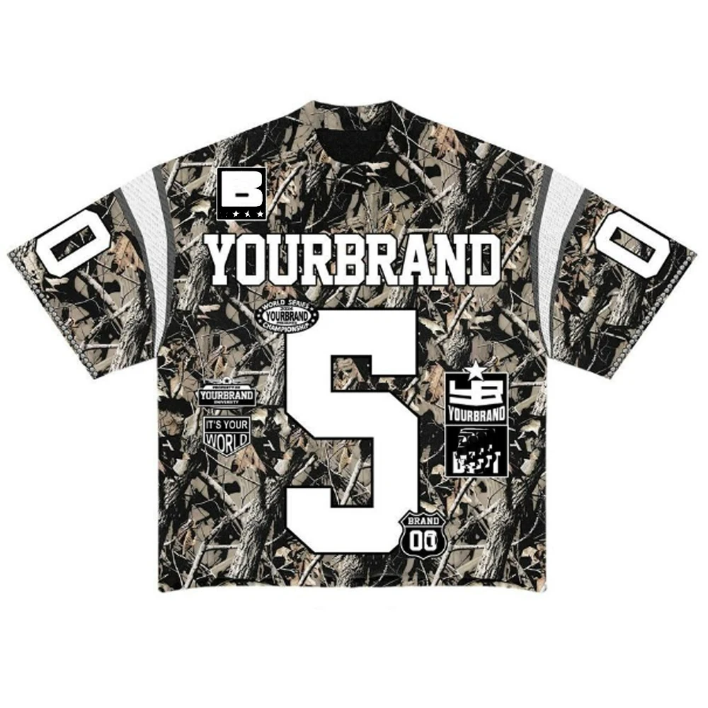 High Quality Mesh Jersey Tshirt Dtg Over All Printing Distressed Tee T Shirts Custom V Neck Vintage Camo Graphic T-shirt