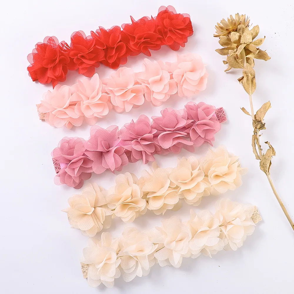 Customizable Baby Toddler Elastic Chiffon Flower Headbands Princess Girls Hand Sewing Beads Flower Headwear Nylon