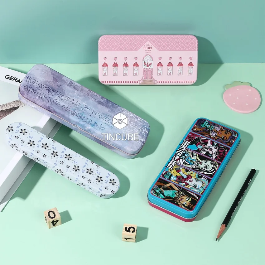 Manufacturers custom student tinplate stationery box metal pencil box  pen case stationery gift hinge tin box