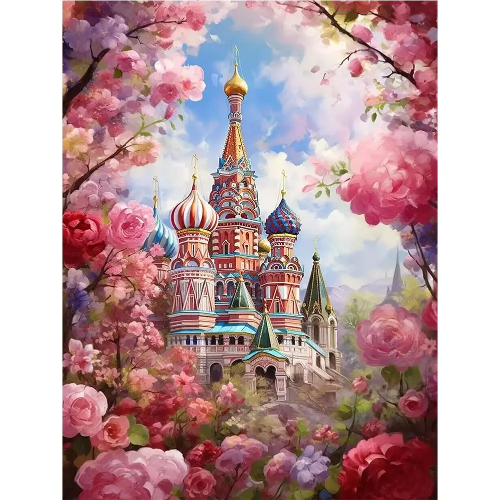 1pc DIY 5D Diamond Painting Set 30x40cm/11.8x15.7in Frame Garden Castle Full Diamond Embroidery Cross Stitch Picture Wall