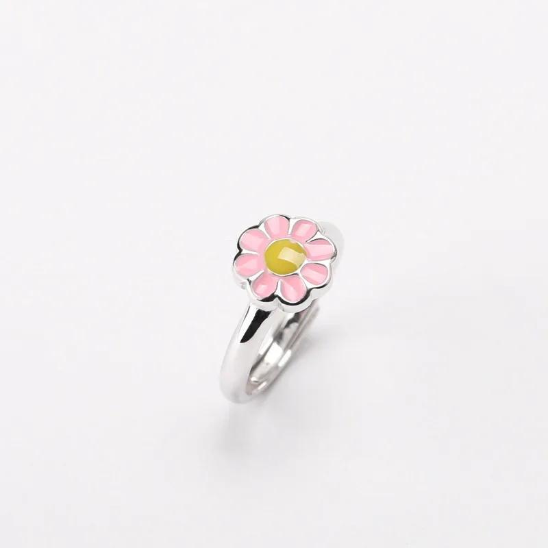 Custom Colorful Enamel Flower Children Adjustable Rings Jewelry Cheap Mini 925 Sterling Silver Jewelry for Kids Gift