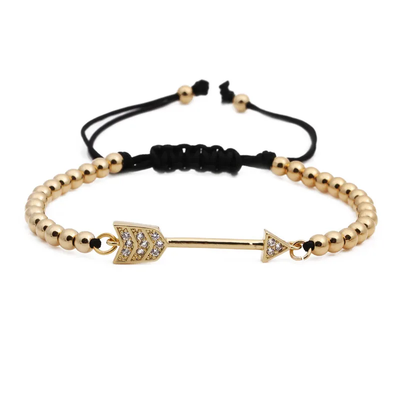 Оптовая продажа для мужчин ювелирные изделия регулируемый 18K позолоченный медный шарик микровставки из циркона Стрелка Шарм браслет с круглыми бусинами