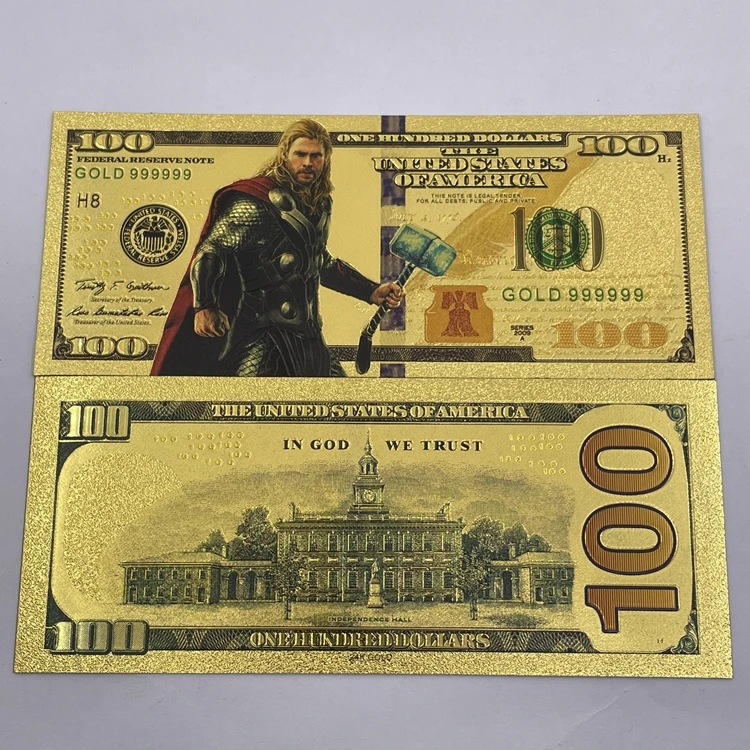 48 дизайнов США карта 100 долларов Mar-Vel фильм герой 24 карат позолоченная фольга Банкнота