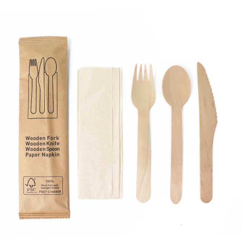 Eco Friendly Travel Disposable Birch Wooden Spoon Fork Knife Biodegradable Disposable Wood Tableware Cutlery Set With Napkin