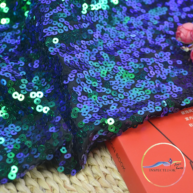 Новинка 2021, тянущаяся трикотажная ткань из полиэстера с блестками и вышивкой синего павлина для танцевальных платьев, костюмной ткани, украшения, ширина: 130 см