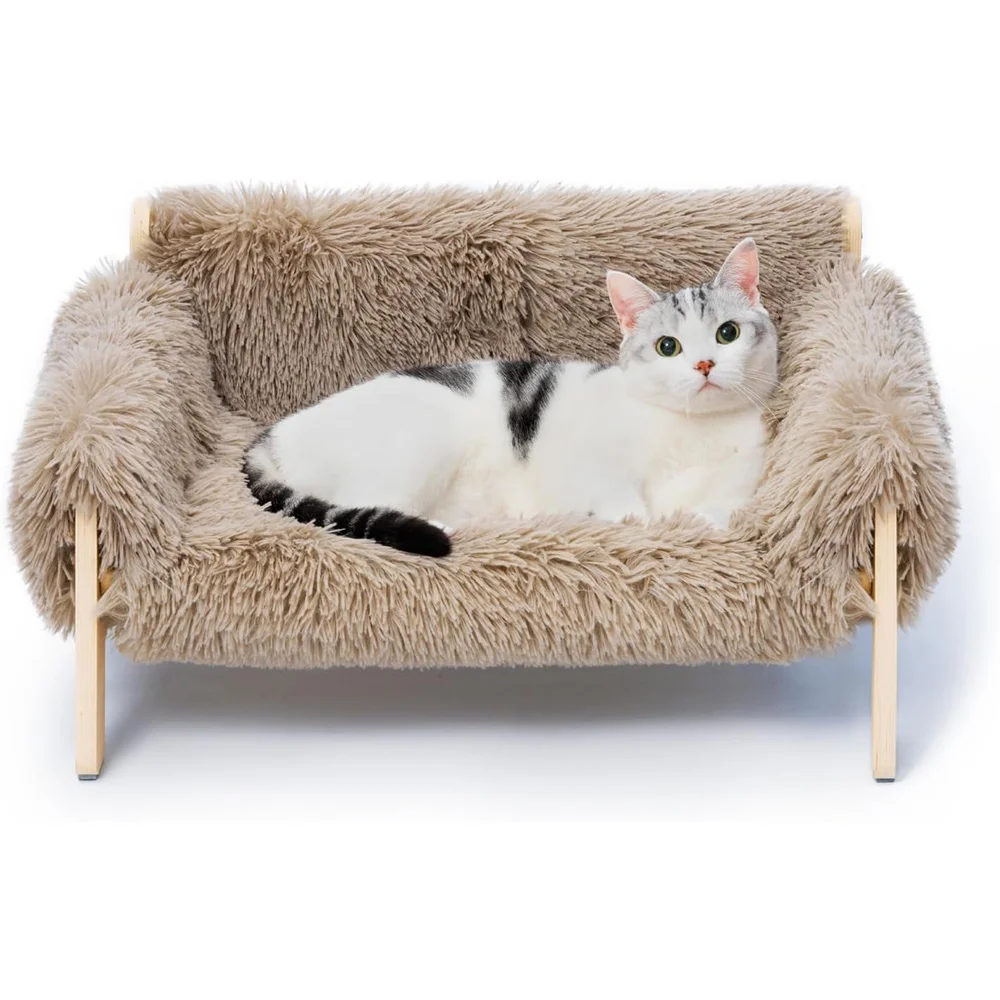 Handcrafted Wooden Cat Bed Sofa Sturdy Fluffy Couch Small Dogs Wooden Bed Elevated Pet Furniture Cat Wood Bed