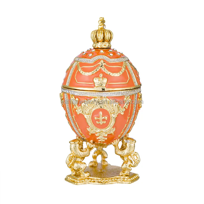 Hand-Painted Red Faberge Egg with Gold Finish,Rhinestones, Enamel Jewelry Trinket Box