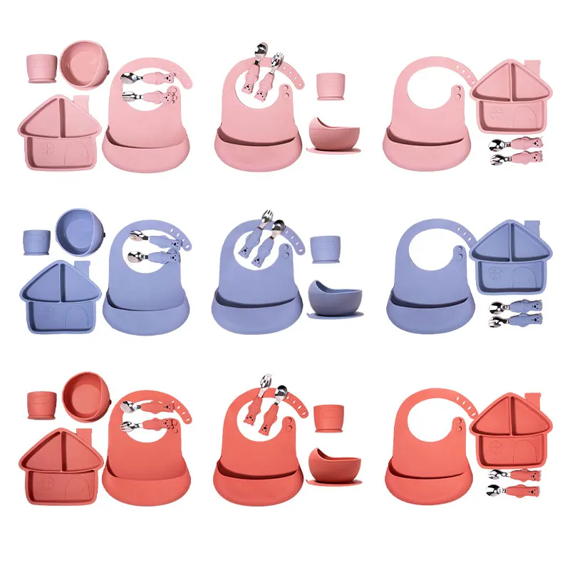 Silicone Feeding Set Bib Baby Silicone Tableware Set Children Bib Bowl Dinner Plate Spoon Fork Water Cup Kids Dinnerware
