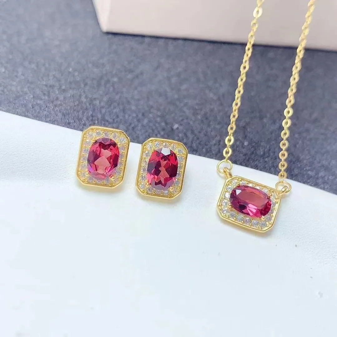 New Design Pakistan 925 Silver Gold Plated Natural Garnet Simple Earring Jewelry Sets For Women