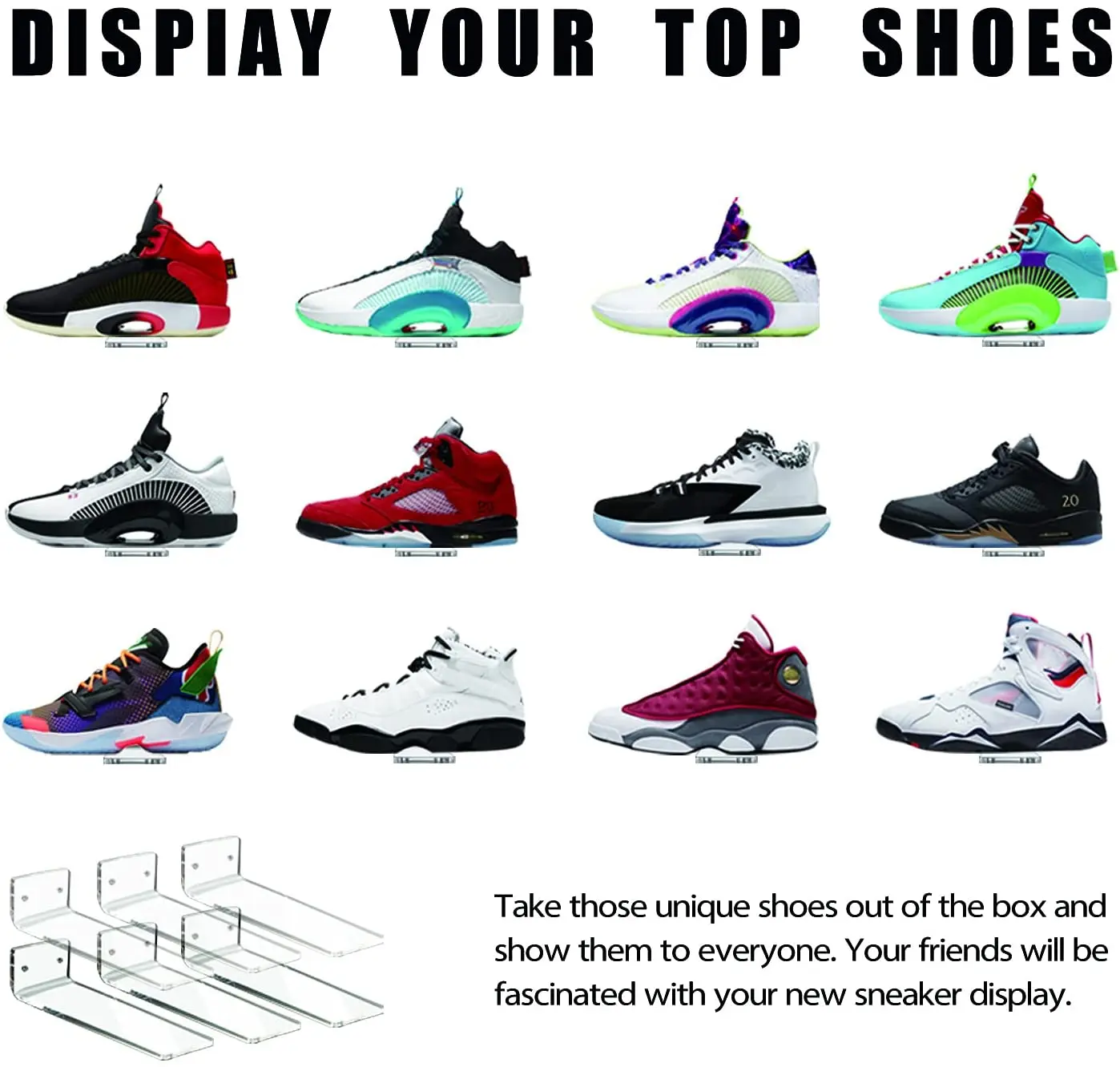 Clear Acrylic Floating Shoe Display Shelves for Wall Mount Clear Acrylic Floating Shelves for Showcase Sneaker Collection
