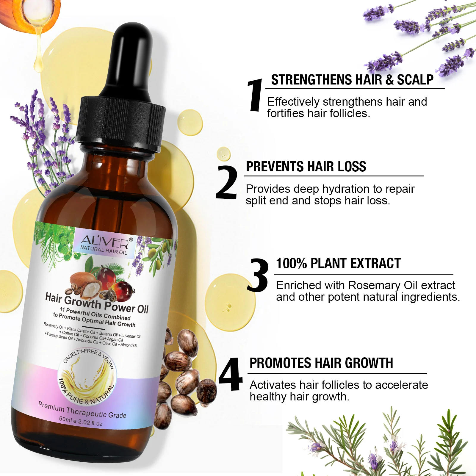 ALIVER 100% Pure Natural Hair Care 11 Powerful Oils Fast Thrive Hair Growth Power Mix Oil Hair Loss Treatment For Women And Men