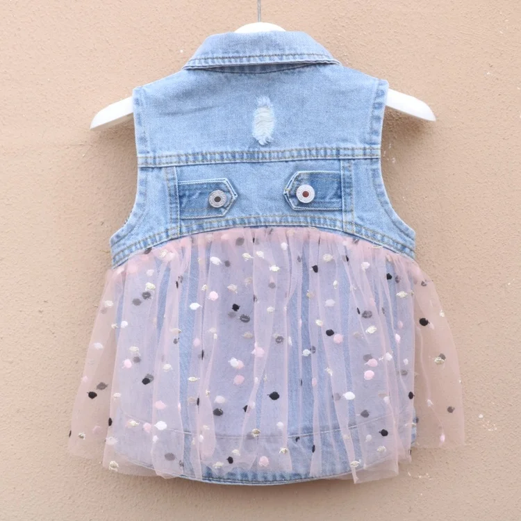 Custom children clothing kid sleeveless denim flocking tulle  girls vest
