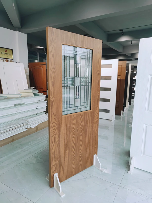 Hot sale modern design yellow walnut fiberglass skin wrought Iron glass exterior doors for houses