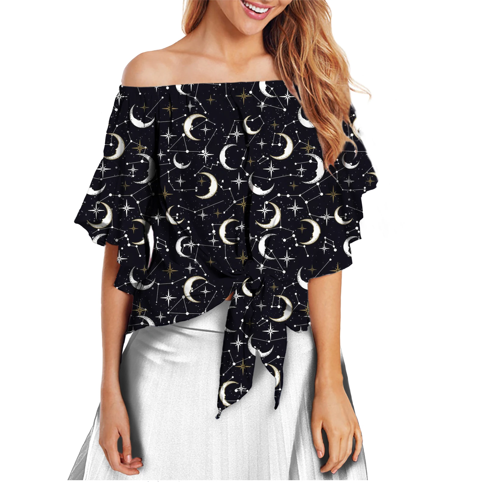 
Fancy Sun Moon Print Blouse Tops for Women Trendy Fashion Off The Shoulder Shirts Bell Sleeve Tie Knot Summer Short Sleeve 