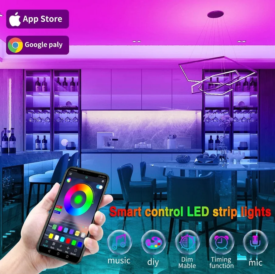 Factory whole Hot Selling 12V 50ft 15M 5050 RGB Music Sync Color Changing Remote App Control Flexible Smart Led Strip Light