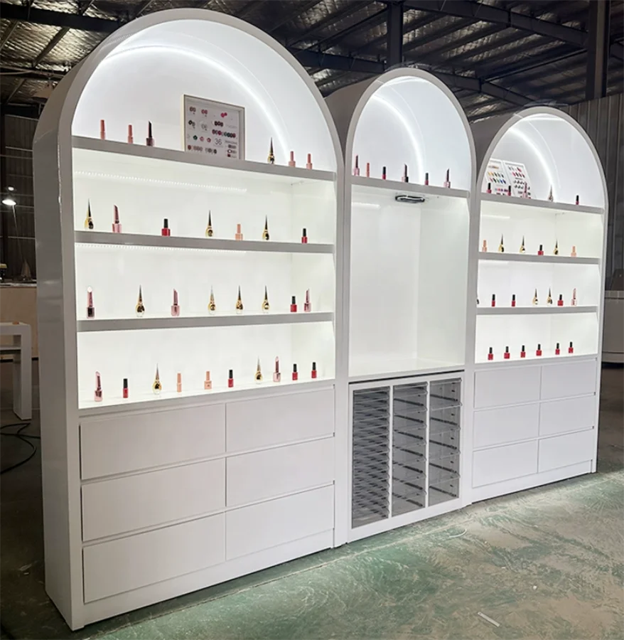 custom body care essence oil display shelves essence oil showcase with LED light Hair Serum Essential promotion display stand