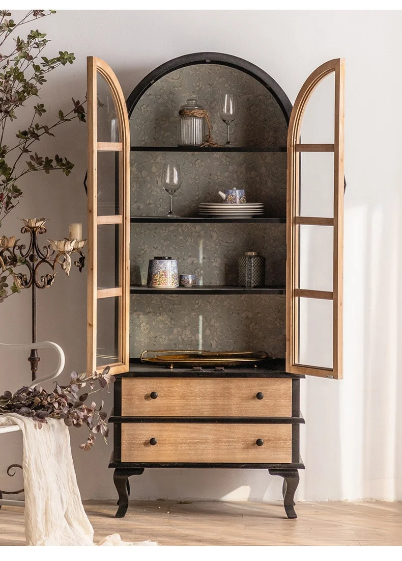 France style retro arched against the wall 2 glass door livingroom sideboard wood furniture storage cabinet