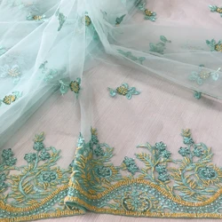 high quality peach embroidery sequin and beaded lace tulle fabric for women dress, simple designs heavy beaded fabric