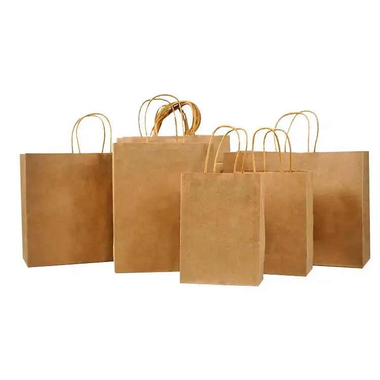 Custom Logo Printed Brown Kraft Paper Bag with Handle for Food Delivery Takeaway Shopping or Clothing Packaging Multiple Uses