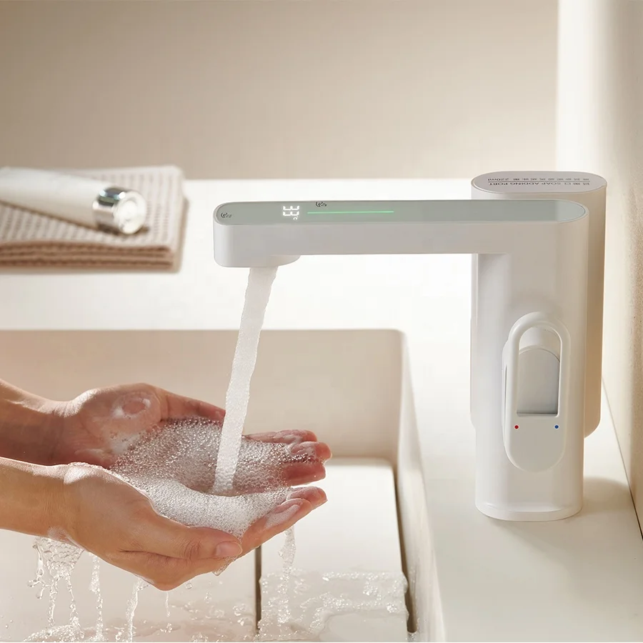 Aideal unique design deck-mount faucet and foam soap intelligent automatic soap and faucet all-in-one