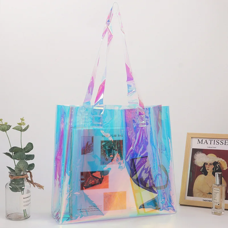 Holographic laser clear pcv bag Custom plastic transparent jelly  bags for women Fashion reusable shopping tote bags with logo