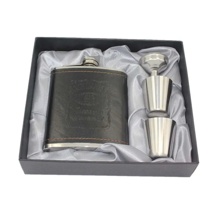 Luxury Men Gift 7oz Engraving Black Jack Daniels Leather Stainless Steel Whiskey Hip Flask Gift Set
